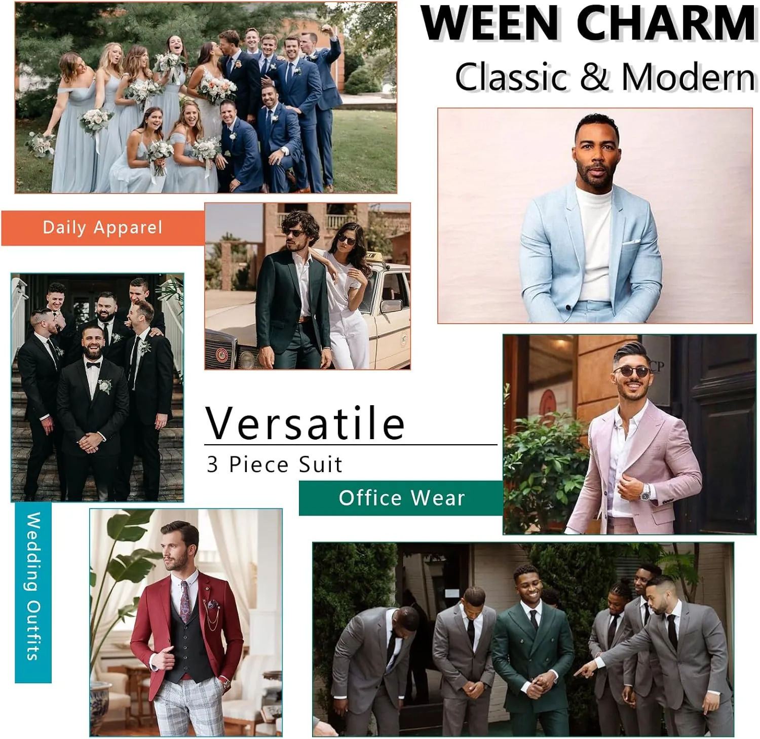 WEEN CHARM Men's 3-Piece Slim Fit Suit Set-2-Button Blazer,Vest & Pants-Formal Wedding,Prom,Party & Business Tuxedo