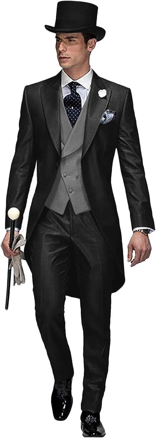 Wemaliyzd Men's 3 Piece Wedding Suit Tailcoat Tuxedo Long Tail Collar Vest Pants