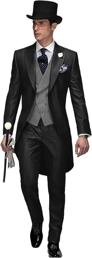 Wemaliyzd Men's 3 Piece Wedding Suit Tailcoat Tuxedo Long Tail Collar Vest Pants