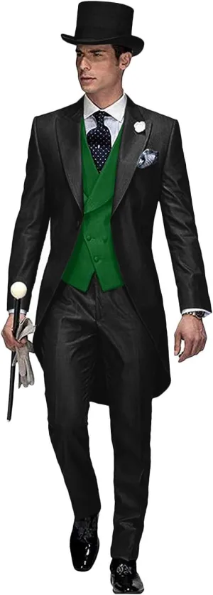 Wemaliyzd Men's 3 Piece Wedding Suit Tailcoat Tuxedo Long Tail Collar Vest Pants