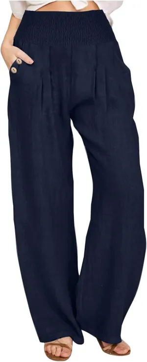 Wide Leg Linen Pants Women Smocked High Waisted Palazzo Pants Dressy Casual Ladies Loose Lounge Trousers with Pockets