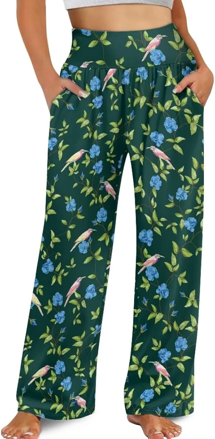 Wide Leg Pants for Women Summer 2024 Palazzo Tropical Floral Casual High Waist Trousers with Pockets S-3XL