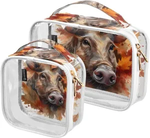 Wild-boar-autumn-leaves 2 Pack Clear Toiletry Bag Women Men, Portable Waterproof Clear Pouch, Cosmetic Bag with Double Zippers Large Opening Traveling with Handle for Bathroom Traveling Vacation Organ