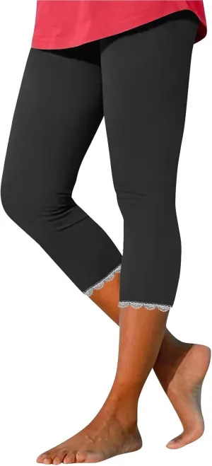 Women Capris Bottom Leggings Summer High Waist Slim Lace Hem Capris Pants Casual Fitting Athletic Gym Yoga Pants 2025