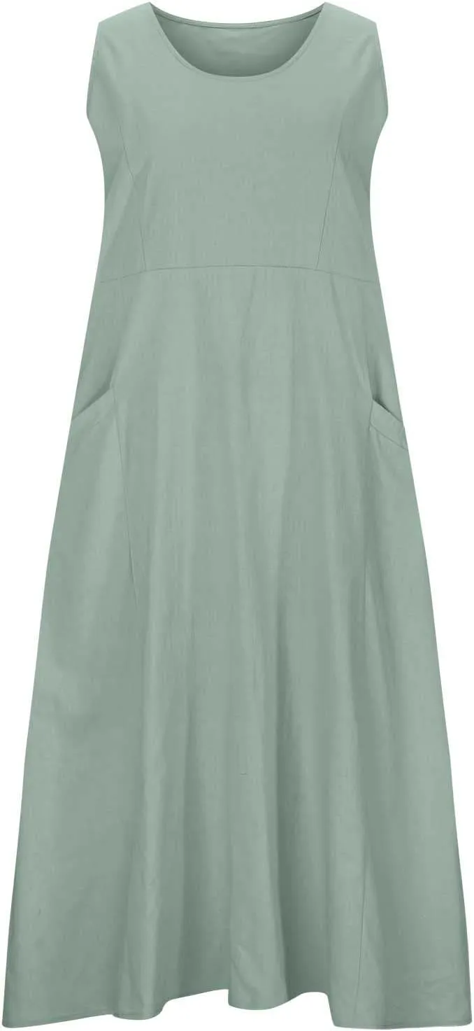 Women Cotton Linen Dresses 2024 Boho Casual Summer Maxi Dress Sleeveless Long Sundress Trendy Beach Vacation Clothing