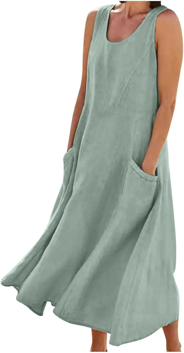 Women Cotton Linen Dresses 2024 Boho Casual Summer Maxi Dress Sleeveless Long Sundress Trendy Beach Vacation Clothing
