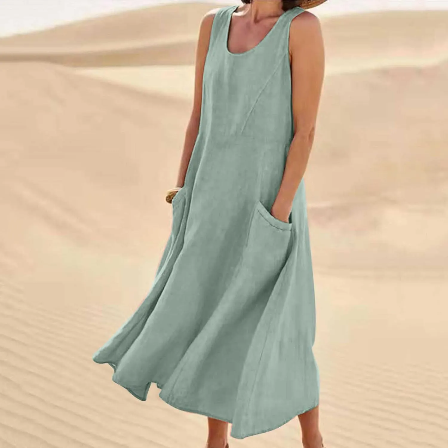 Women Cotton Linen Dresses 2024 Boho Casual Summer Maxi Dress Sleeveless Long Sundress Trendy Beach Vacation Clothing