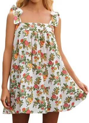 Women Floral Tie Shoulder Mini Dress Cute Square Neck Loose Fit Beach Short Dress Swing Backless Boho Vocation Sundress