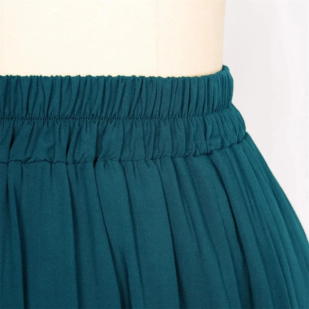 Women Lotus Leaves Swing Skirt Casual Elastic A-Line Long Skirts Women's Pleated Midi Skirt