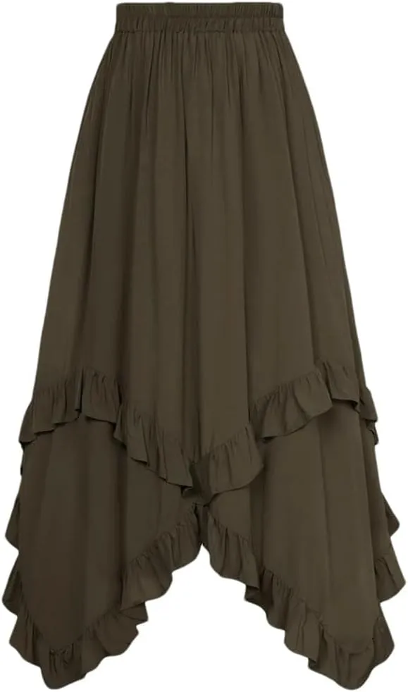 Women Lotus Leaves Swing Skirt Casual Elastic A-Line Long Skirts Women's Pleated Midi Skirt