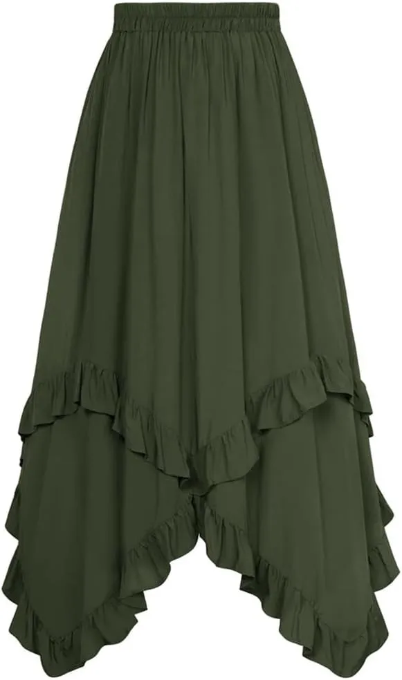 Women Lotus Leaves Swing Skirt Casual Elastic A-Line Long Skirts Women's Pleated Midi Skirt