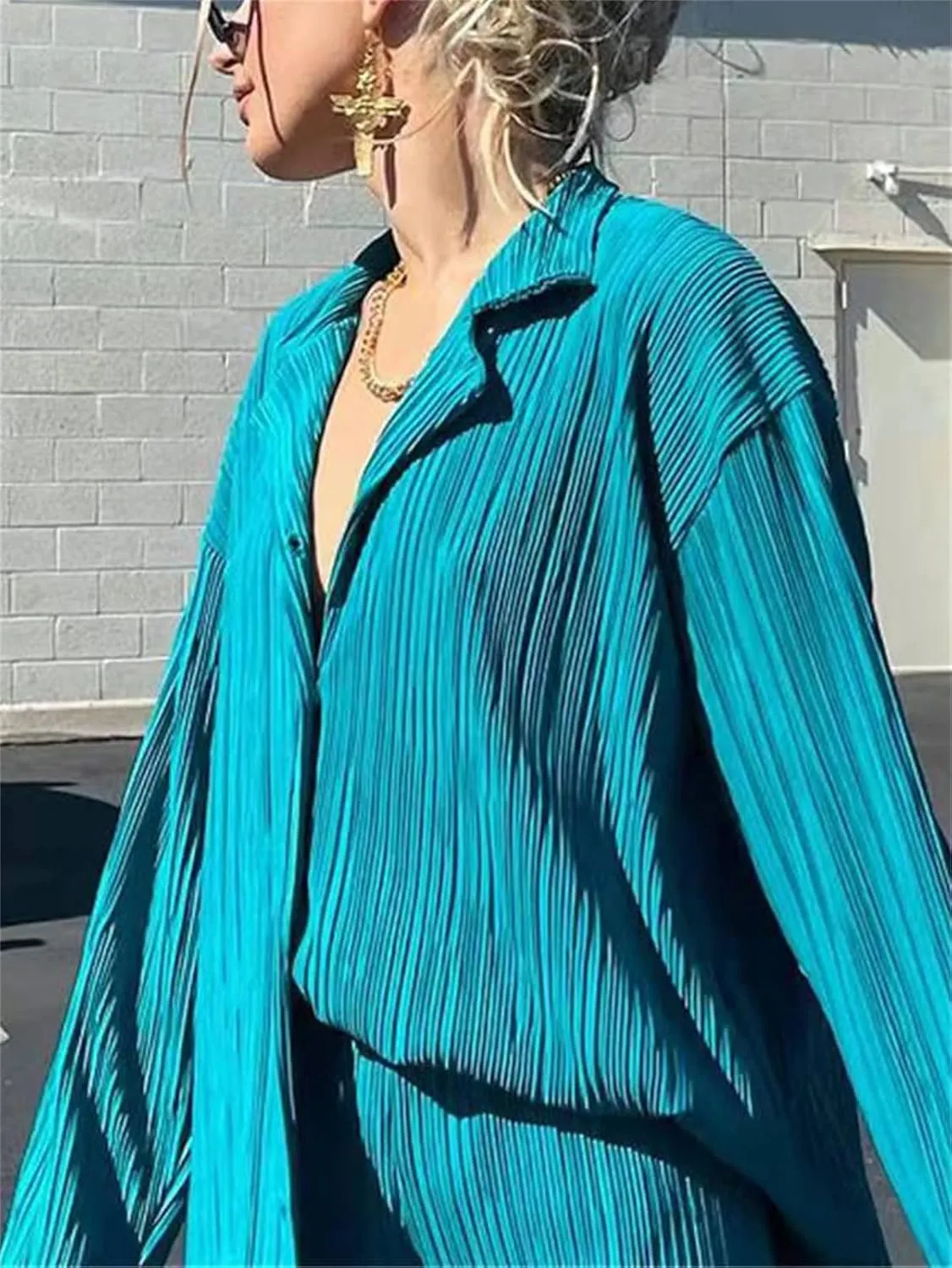 Women Pleated 2 Piece Pants Set Casual Loose Long Sleeve Button Down Shirt High Waist Wide Leg Trousers Loungewear