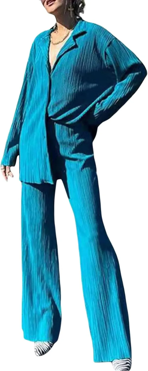 Women Pleated 2 Piece Pants Set Casual Loose Long Sleeve Button Down Shirt High Waist Wide Leg Trousers Loungewear