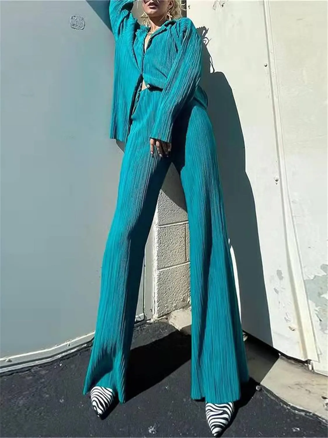 Women Pleated 2 Piece Pants Set Casual Loose Long Sleeve Button Down Shirt High Waist Wide Leg Trousers Loungewear
