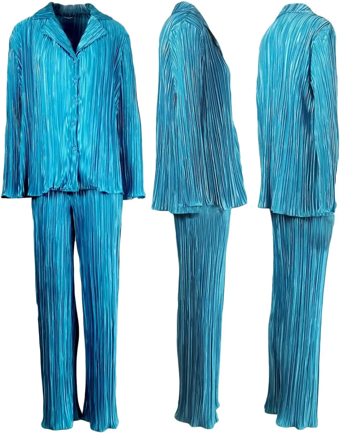 Women Pleated 2 Piece Pants Set Casual Loose Long Sleeve Button Down Shirt High Waist Wide Leg Trousers Loungewear