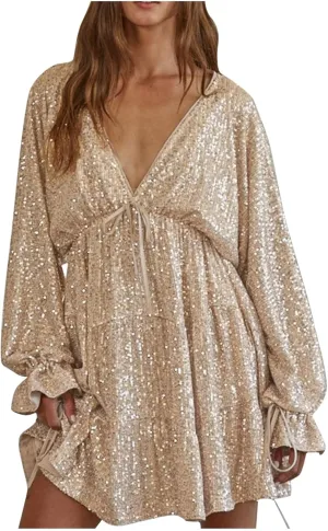 Women Sequin Babydoll Mini Dress Tiered Ruffle Sparkly Cocktail Dress Bowtie Lantern Long Sleeve V Neck Party Dress