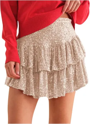 Women Sequin Skirt Sparkly Cute High Waist Ruffle Flowy Shiny Glitter Y2K Mini Short Skirts Night Out Club Party