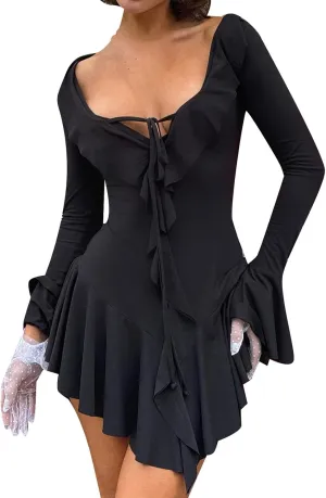 Women Sexy V Neck Dresses Tie Front Ruffle Mini Beach Dress Long Sleeve Casual Slim Fit Solid Color Ruched Bodycon Dress 2025