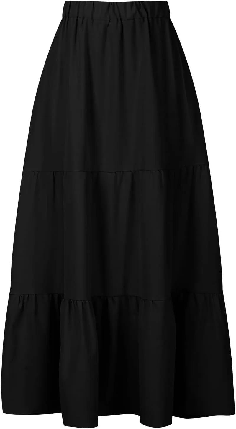 Women Summer Boho Skirt Flowy Ruffle Skirts with Pockets A-Line Midi Skirt Tiered Pleated Skirts Elastic Waist Skirt