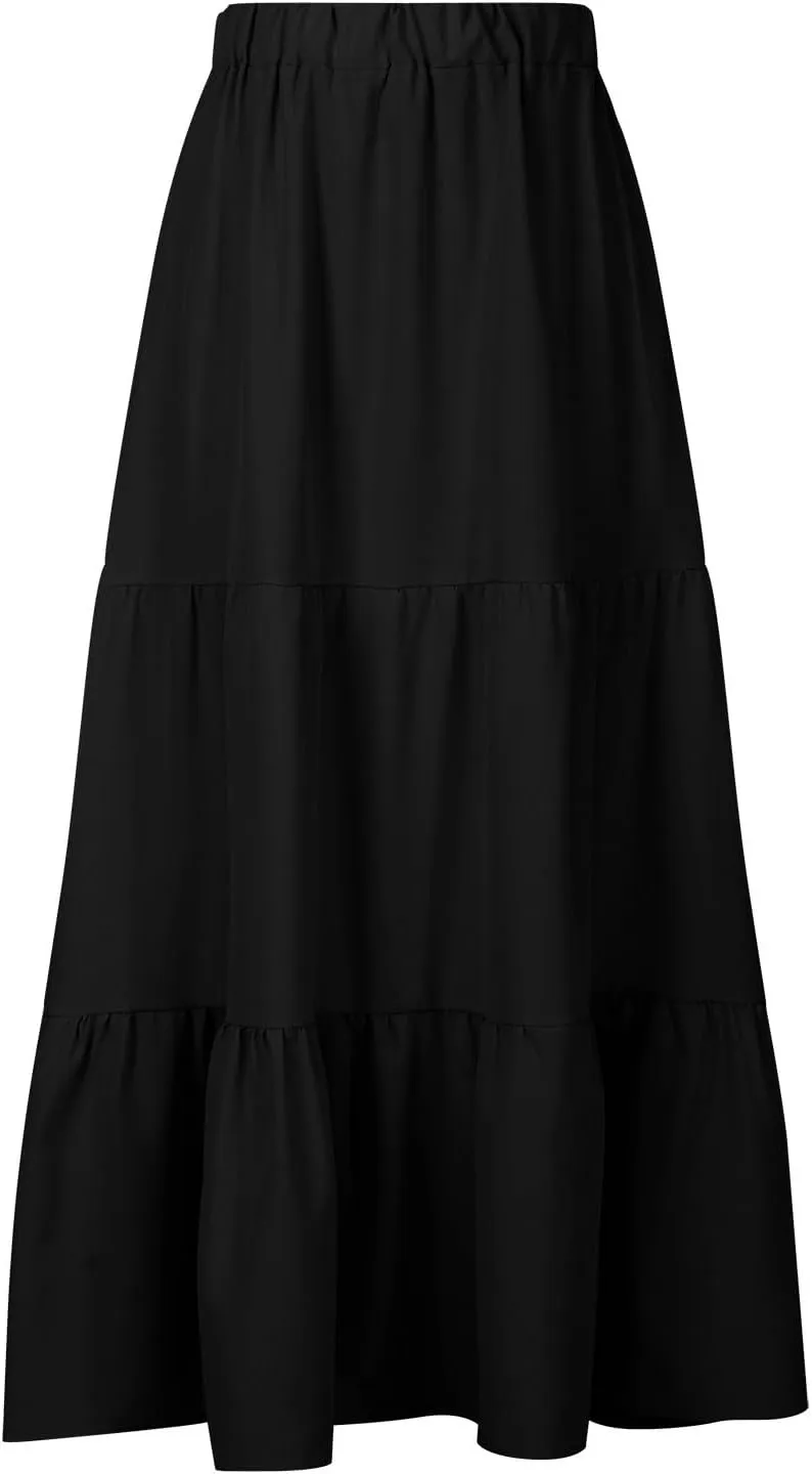 Women Summer Boho Skirt Flowy Ruffle Skirts with Pockets A-Line Midi Skirt Tiered Pleated Skirts Elastic Waist Skirt
