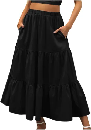 Women Summer Boho Skirt Flowy Ruffle Skirts with Pockets A-Line Midi Skirt Tiered Pleated Skirts Elastic Waist Skirt