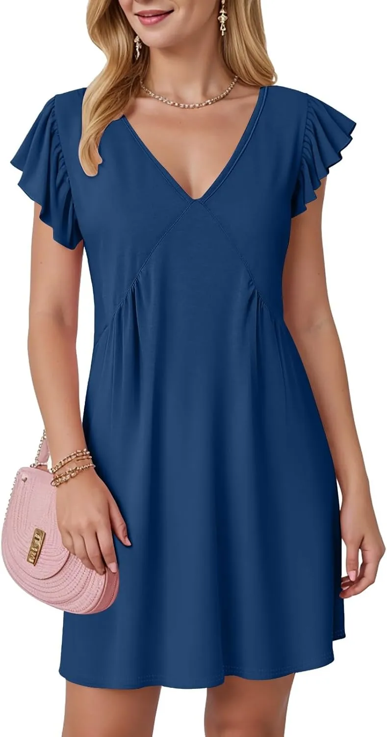 Women Summer Dresses Beach Deep V Neck Loose Ruffle Sleeve A Line Plain Casual Solid Loose Short Flowy Mini Dress