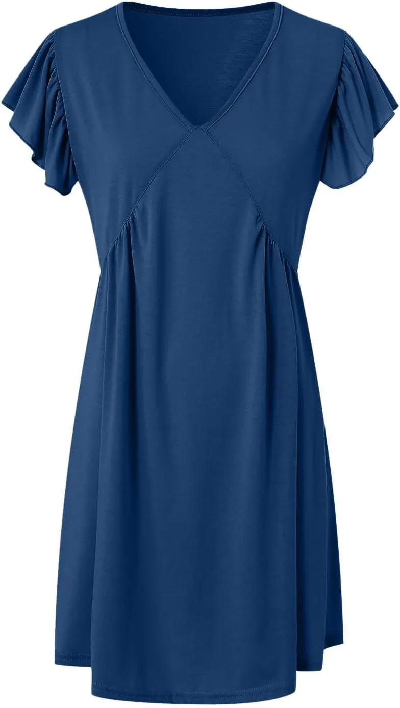 Women Summer Dresses Beach Deep V Neck Loose Ruffle Sleeve A Line Plain Casual Solid Loose Short Flowy Mini Dress