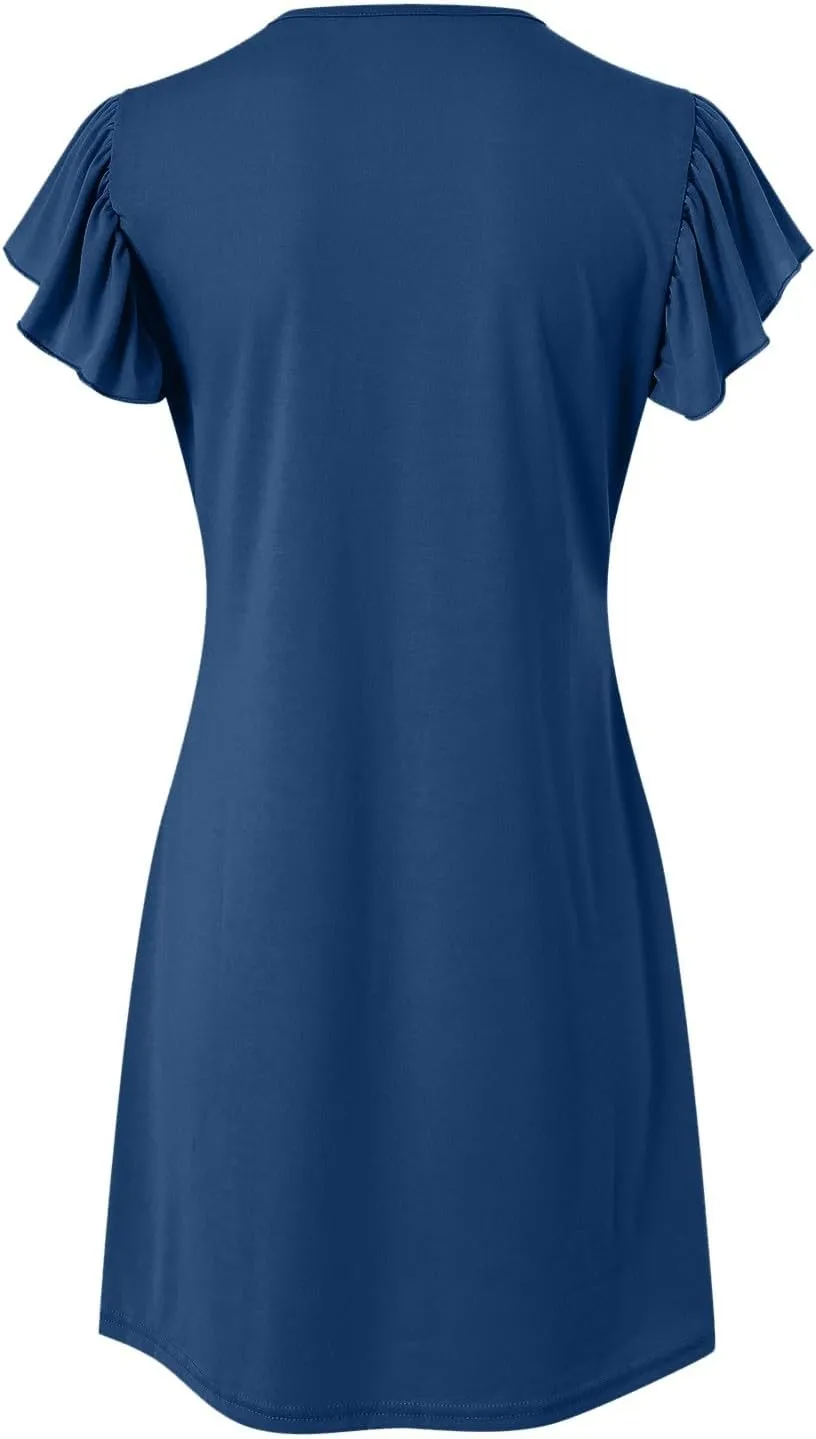 Women Summer Dresses Beach Deep V Neck Loose Ruffle Sleeve A Line Plain Casual Solid Loose Short Flowy Mini Dress