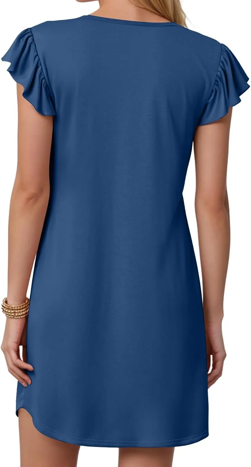 Women Summer Dresses Beach Deep V Neck Loose Ruffle Sleeve A Line Plain Casual Solid Loose Short Flowy Mini Dress