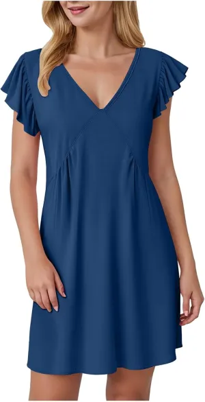 Women Summer Dresses Beach Deep V Neck Loose Ruffle Sleeve A Line Plain Casual Solid Loose Short Flowy Mini Dress