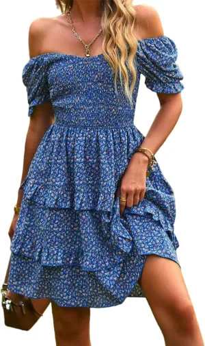 Women Summer Dresses Cute Short Sleeve Backless Mini Sundress Ruffle Flowy Boho Dresses Sexy Beach Dresses Date Night