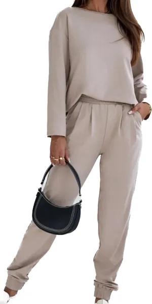 Women's 2 Piece Loungewear Set, Long Sleeve Sweatshirt and Jogger Pants, Beige