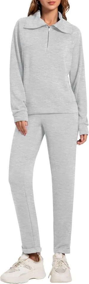 Women's 2 Piece Sets Sweatsuit Lapel Half Zip Sweatshirt Sweatpants Lounge Matching Sets Fall Outfits