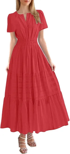 Womens 2025 Summer Puff Short Sleeve Midi Dress V Neck Floral Textured Ruffle Flowy Beach Party Dresses