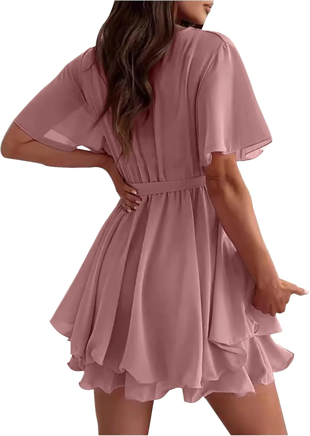 Women's 2025 Summer Wrap Dress Short Sleeve Flowy Casual V Neck Ruffle Mini Dresses Chiffon Spring Dresses for Women