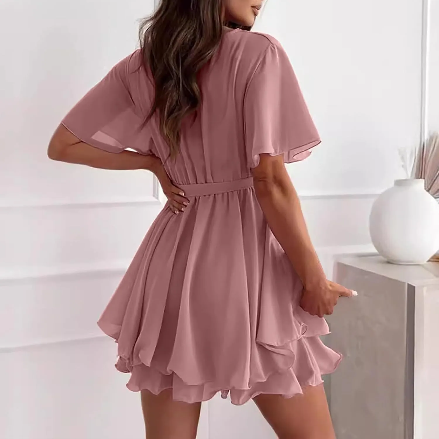 Women's 2025 Summer Wrap Dress Short Sleeve Flowy Casual V Neck Ruffle Mini Dresses Chiffon Spring Dresses for Women