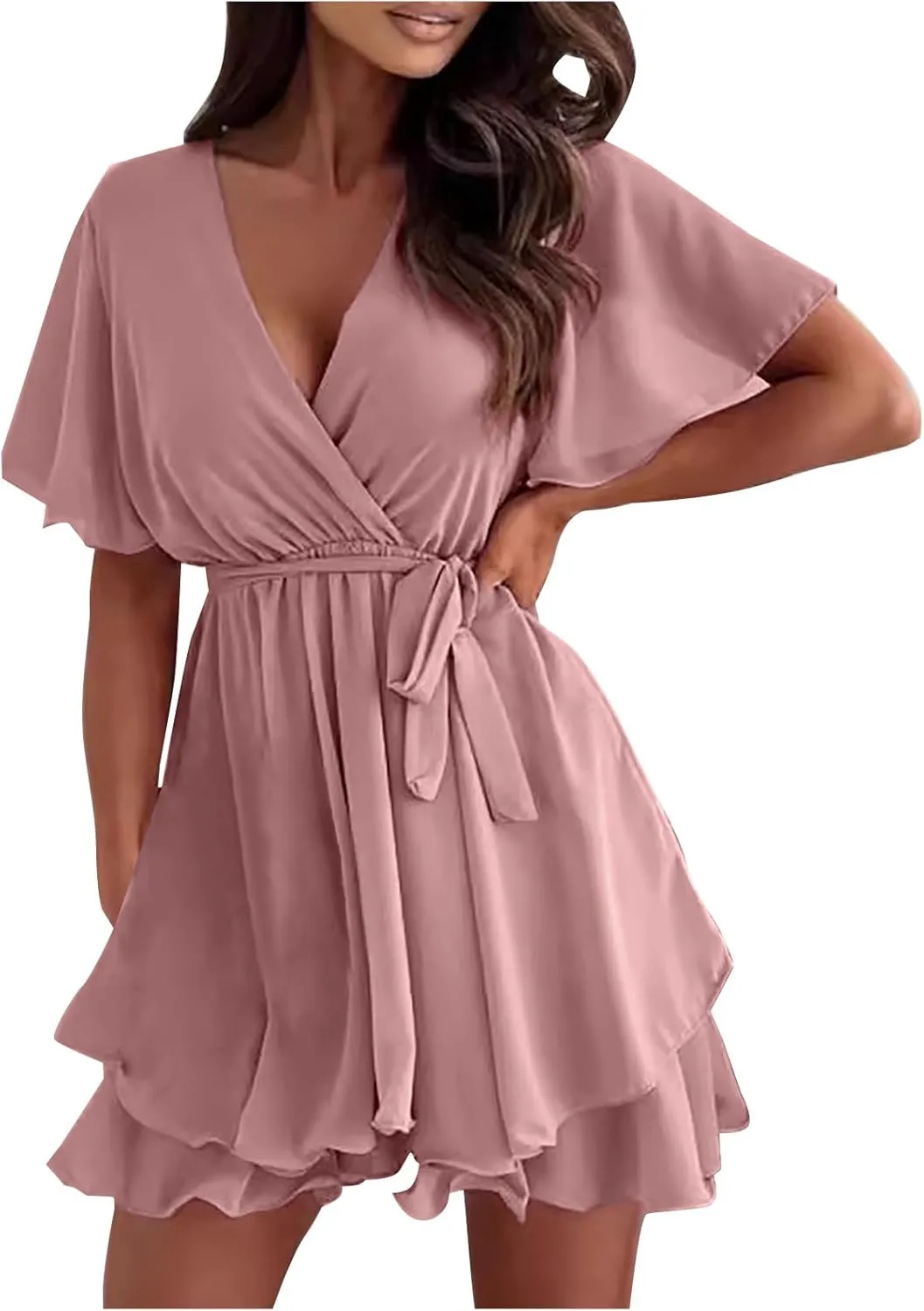 Women's 2025 Summer Wrap Dress Short Sleeve Flowy Casual V Neck Ruffle Mini Dresses Chiffon Spring Dresses for Women