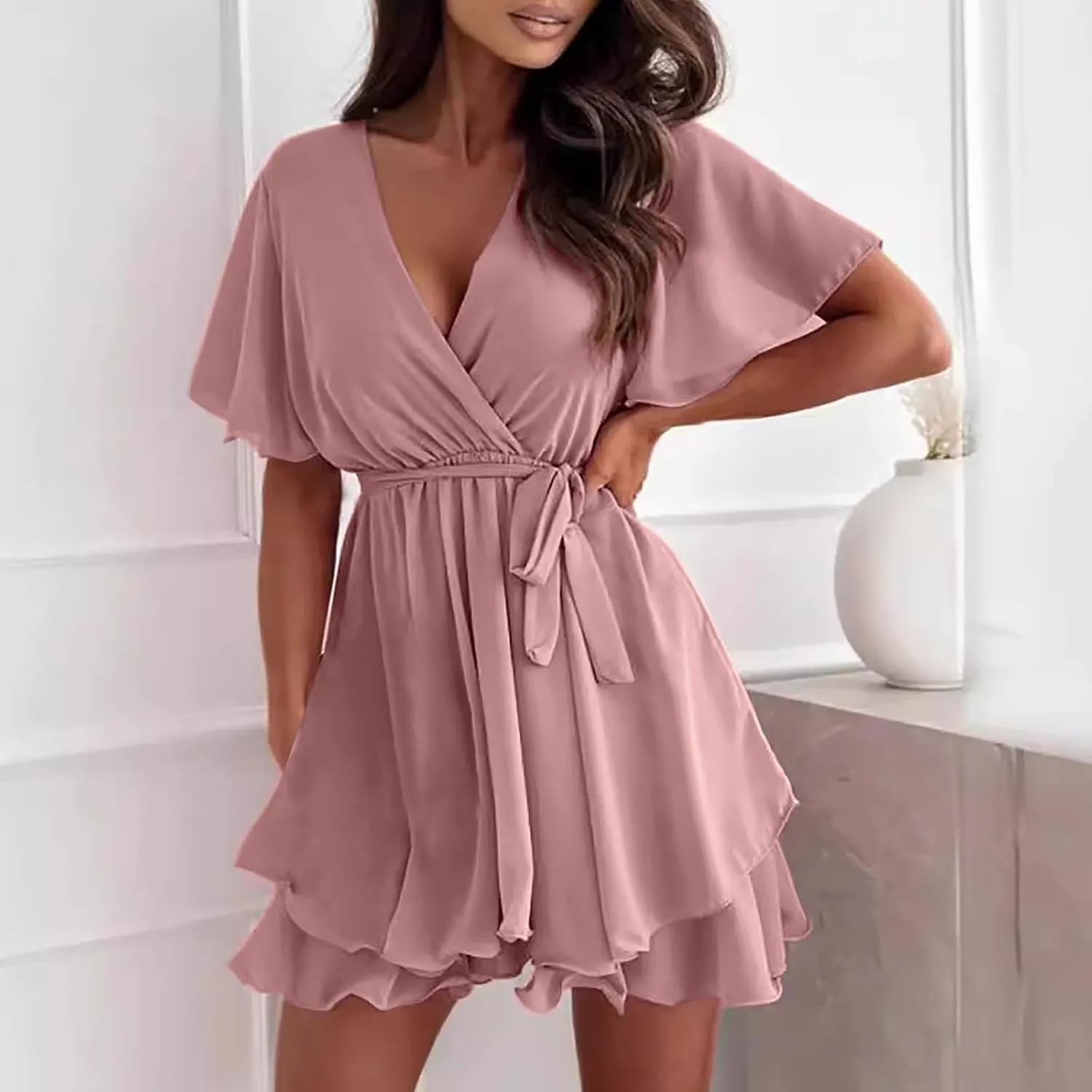 Women's 2025 Summer Wrap Dress Short Sleeve Flowy Casual V Neck Ruffle Mini Dresses Chiffon Spring Dresses for Women