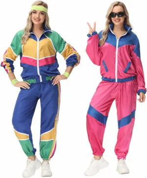 Womens 80s Tracksuit Retro Hip Hop Windbreaker Women Disco Tracksuit Sets Colorblock One Piece Outfits Set