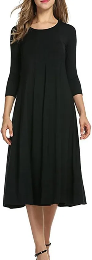 Womens A-line Midi Long Dress Trendy 3/4 Sleeve Plus Size Casual Spring Fall Dresses Crew Neck Shirt Long Tunic Dress