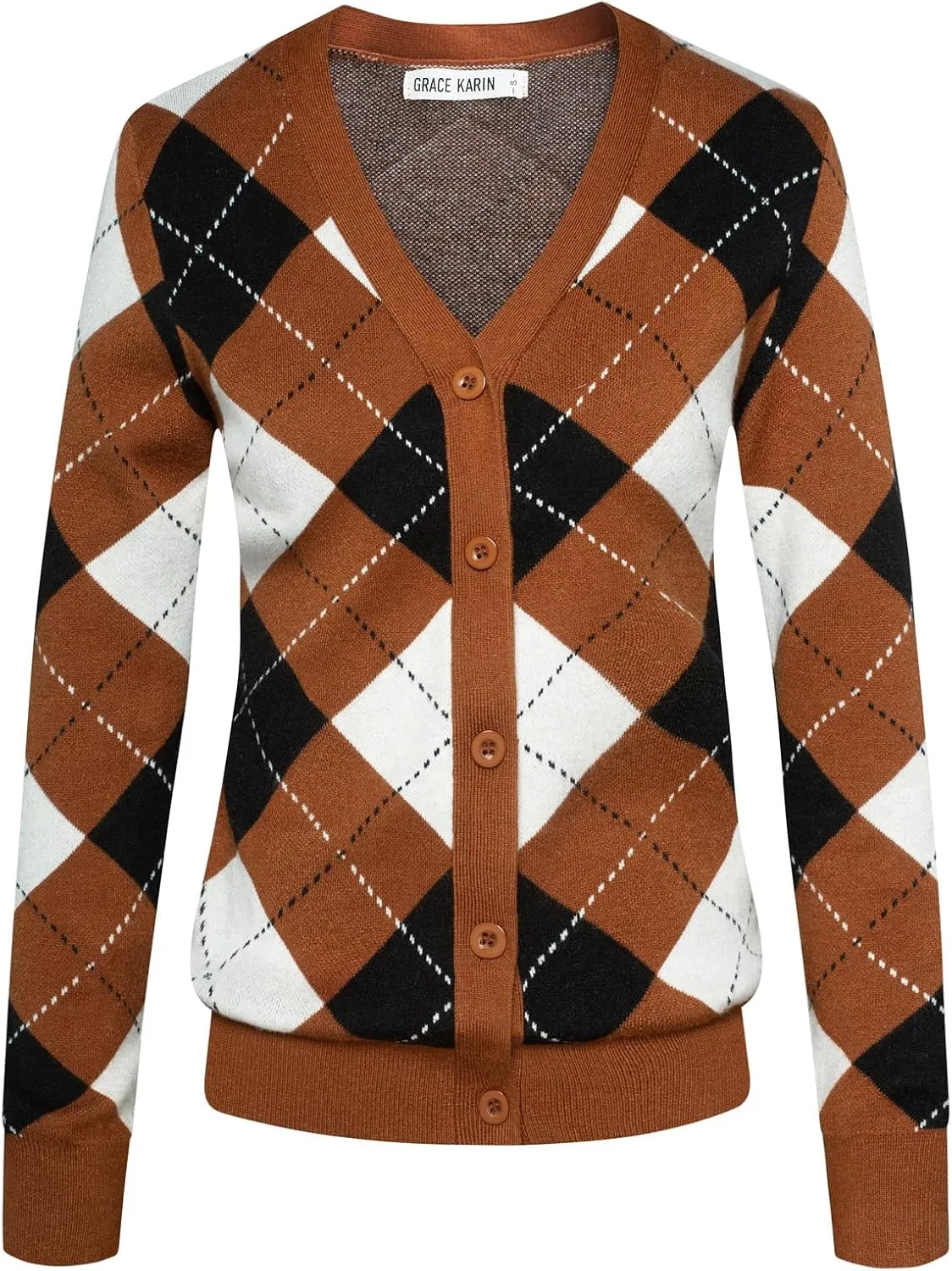 Womens Argyle Preppy Cardigan Sweater Casual V Neck Button Down Knit Cardigan Color Block Shrugs S-2XL