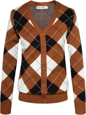 Womens Argyle Preppy Cardigan Sweater Casual V Neck Button Down Knit Cardigan Color Block Shrugs S-2XL