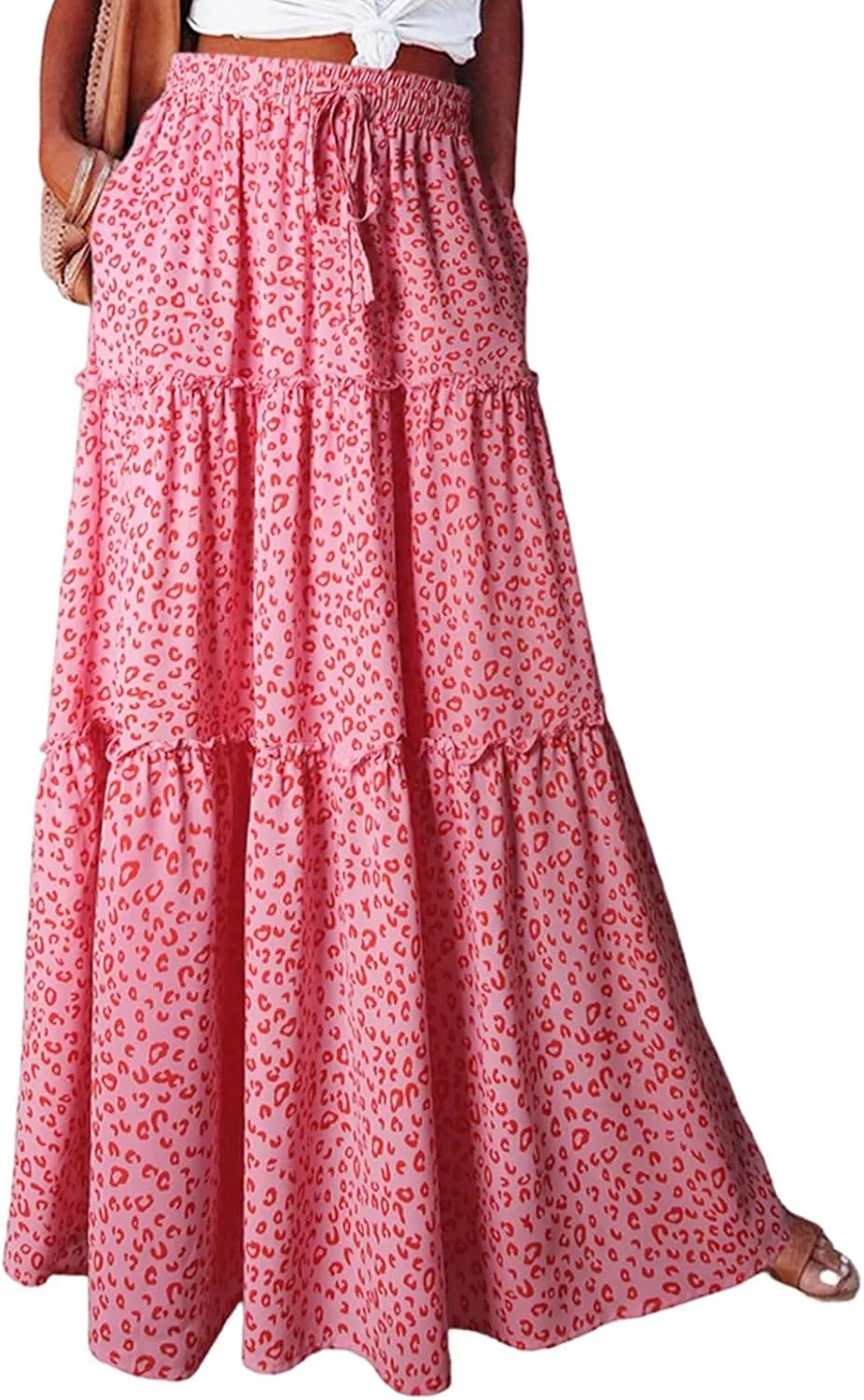 Women's Boho Maxi Skirts Floral Printed Summer Pleated Flowy A-Line Skirt High Waist Casual Long Skirts with Pockets