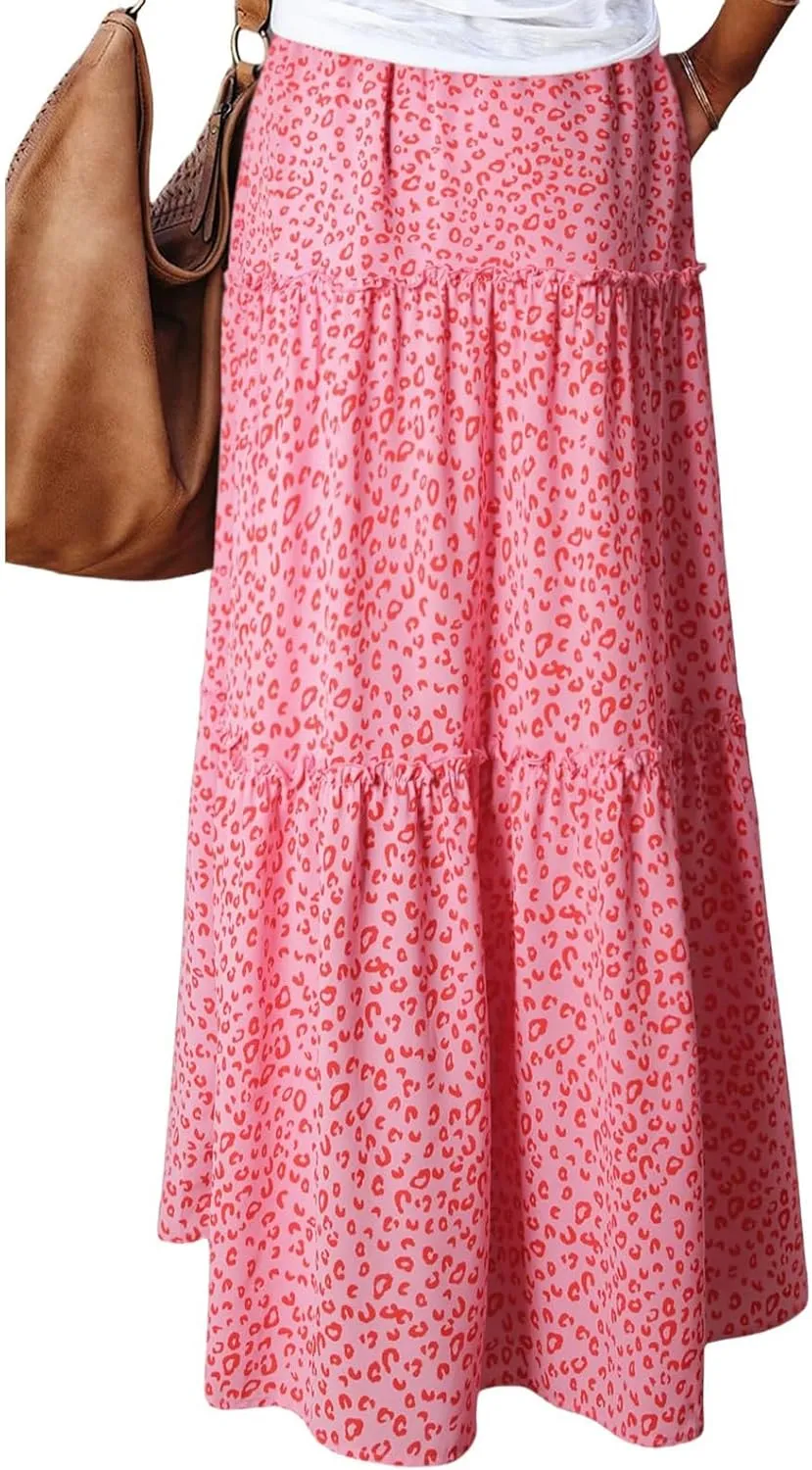 Women's Boho Maxi Skirts Floral Printed Summer Pleated Flowy A-Line Skirt High Waist Casual Long Skirts with Pockets