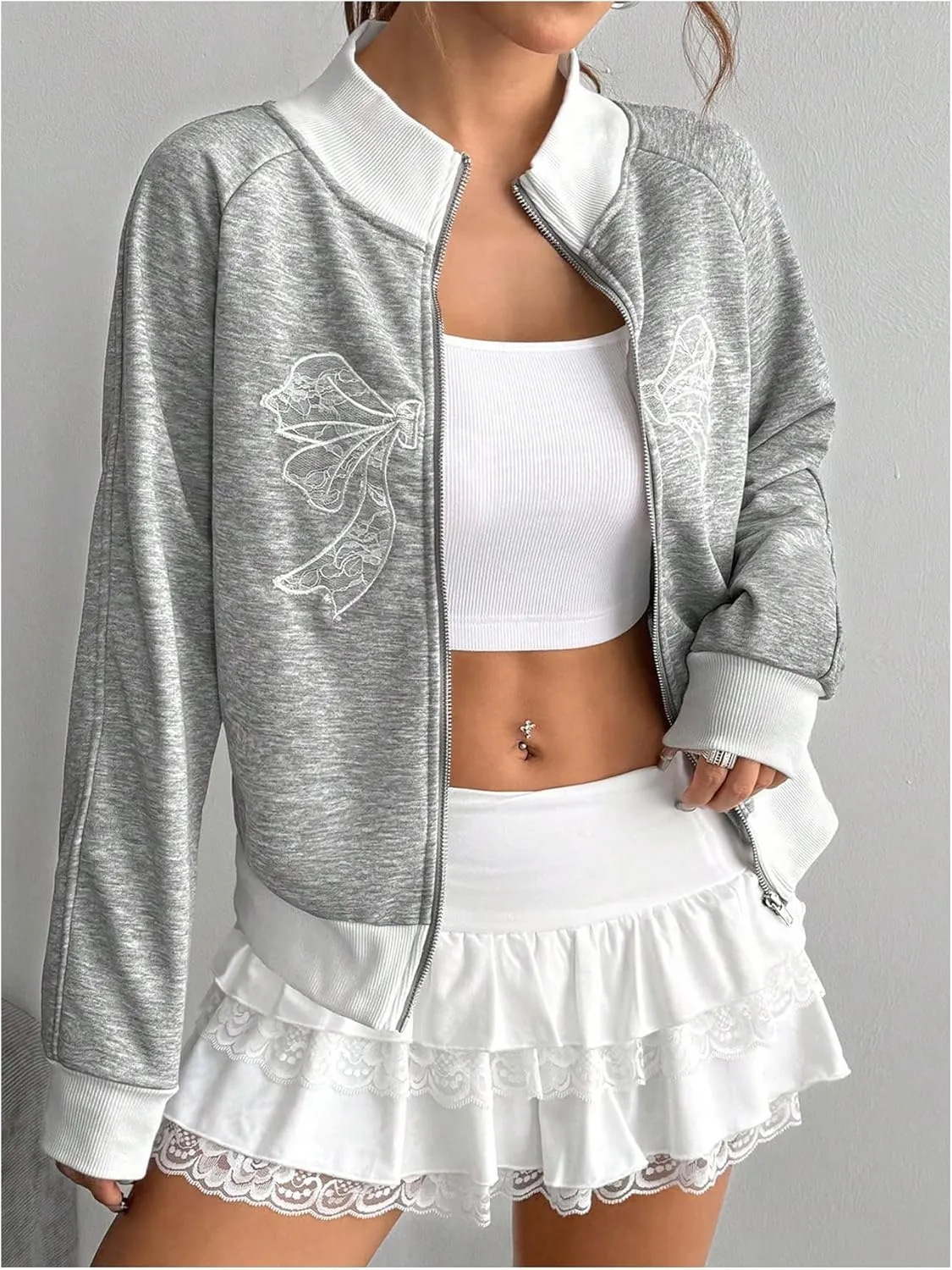 Women's Bow Print Zip Up Jacket Long Sleeve Mock Neck Sweatshirt