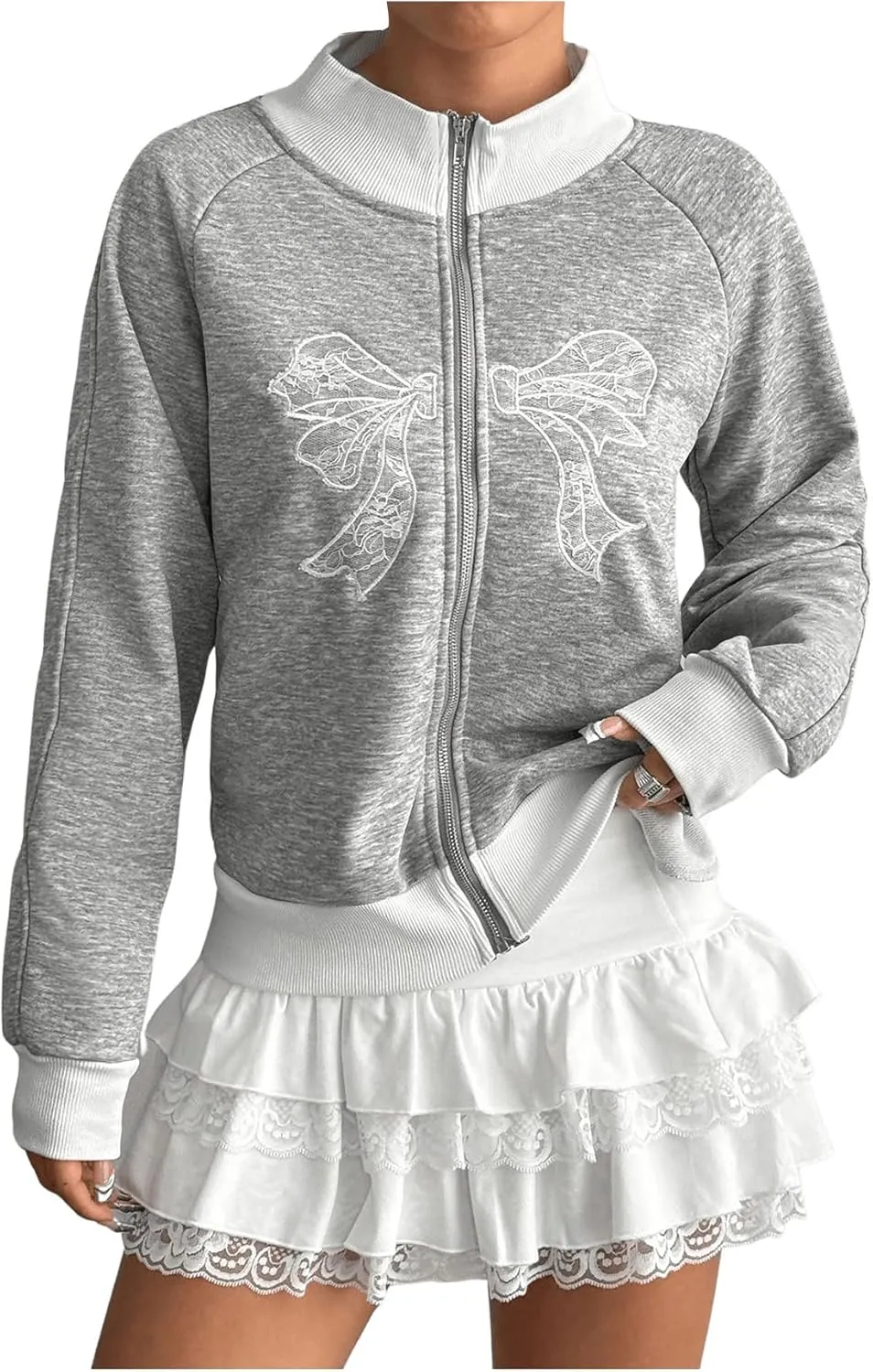 Women's Bow Print Zip Up Jacket Long Sleeve Mock Neck Sweatshirt