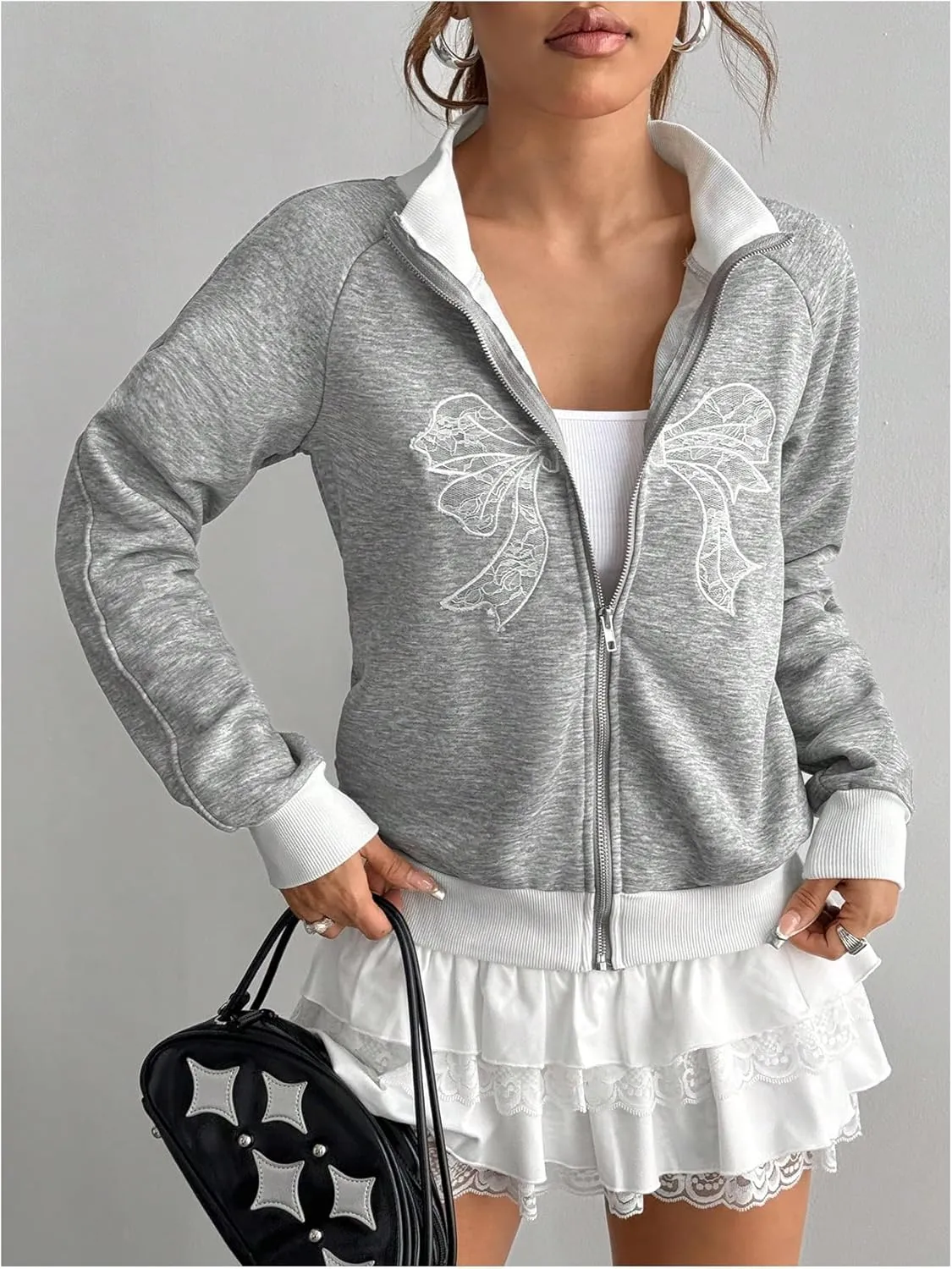 Women's Bow Print Zip Up Jacket Long Sleeve Mock Neck Sweatshirt