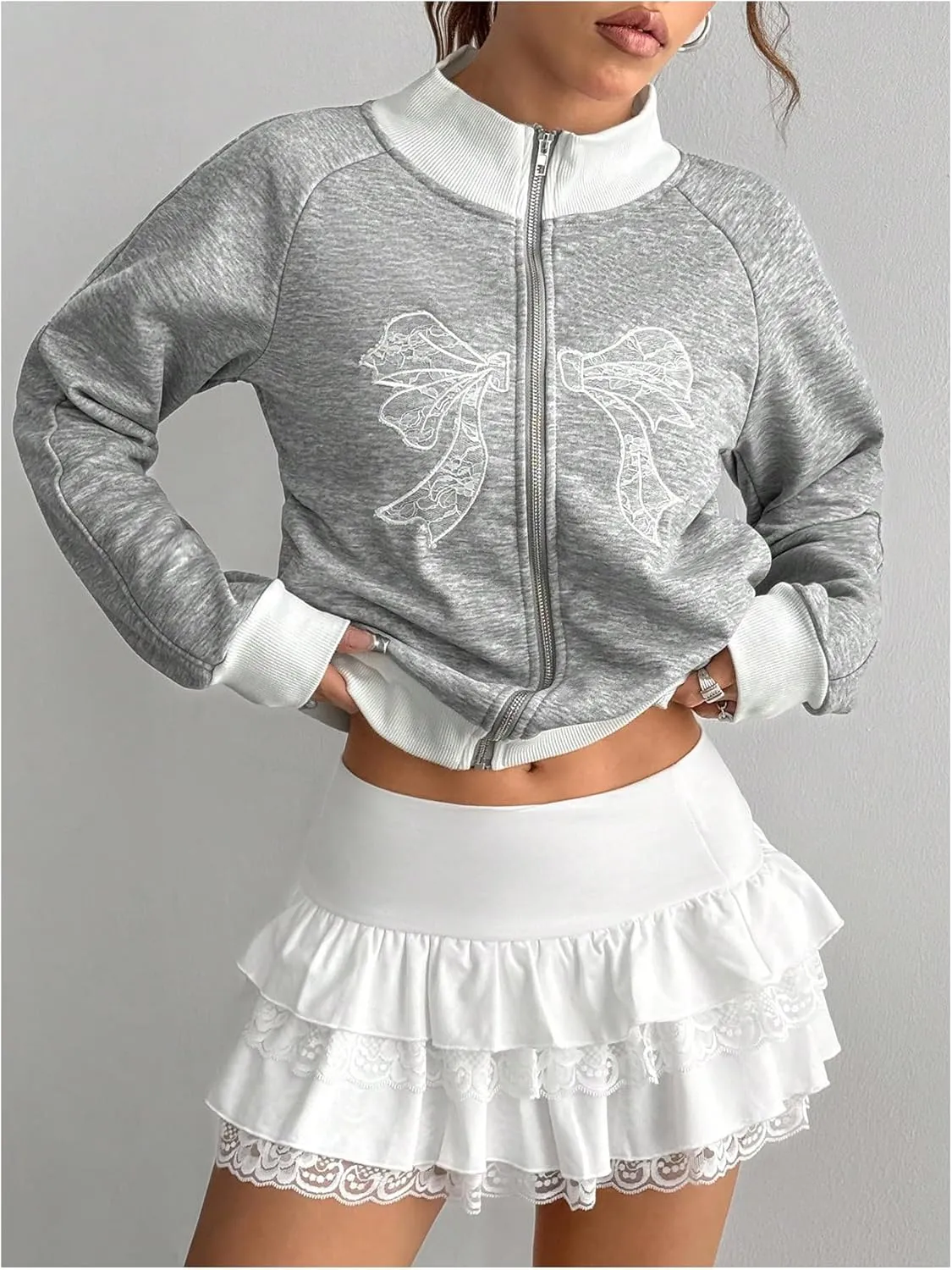 Women's Bow Print Zip Up Jacket Long Sleeve Mock Neck Sweatshirt