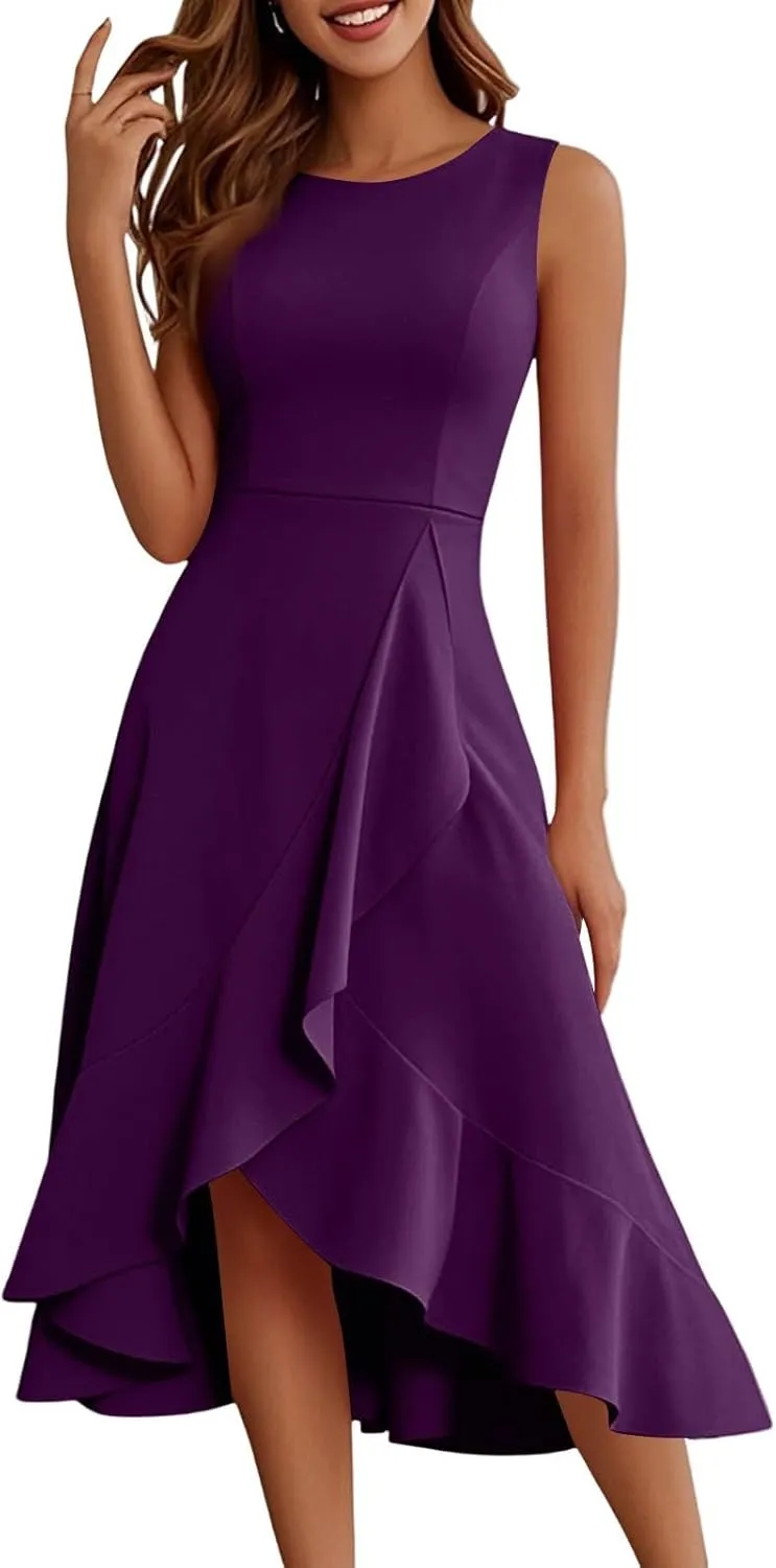 Women's Cocktail Party Formal Wedding Guest Church Dresses A Line High Low Ruffled Split Hem Party Midi Dresses