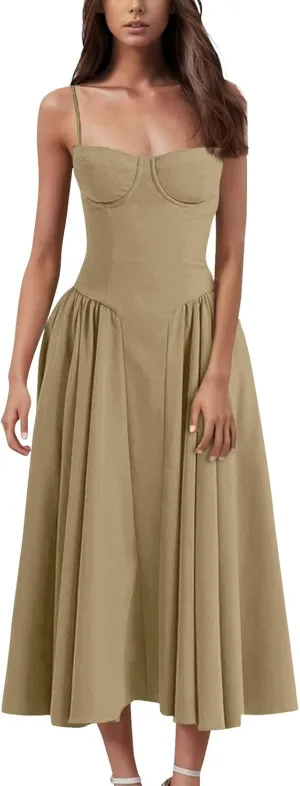 Womens Corset Dress Elegant Spaghetti Strap Bustier Midi Dresses Flowy Pleated Hem Low Cut Prom Skirts with Pockets